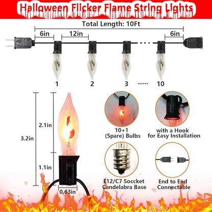 Halloween Flickering Flame String Lights, 10Ft Outdoor Christmas Lights 10 Flicker Flame Bulb Light, Plug in Hanging Patio Light for Indoor Outdoor Party Backyard Christmas Halloween Decor