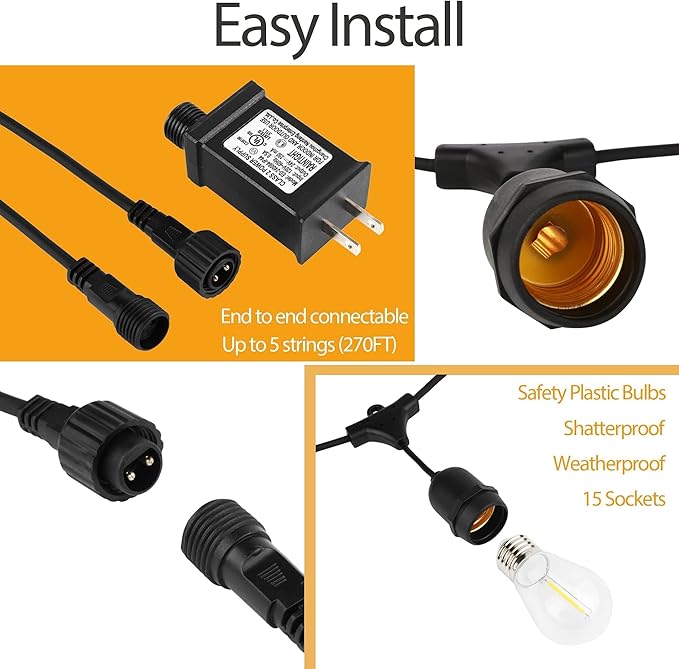 LOKATSE HOME 54 Ft S14 Outdoor String Lights 15 Edison Bulbs (+ 1 Spare) Waterproof Shatterproof E26 Base Connectable Commercial Grade Hanging for Patio Deck Backyard