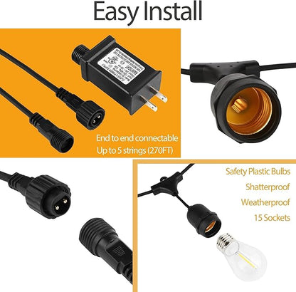 LOKATSE HOME 54 Ft S14 Outdoor String Lights 15 Edison Bulbs (+ 1 Spare) Waterproof Shatterproof E26 Base Connectable Commercial Grade Hanging for Patio Deck Backyard