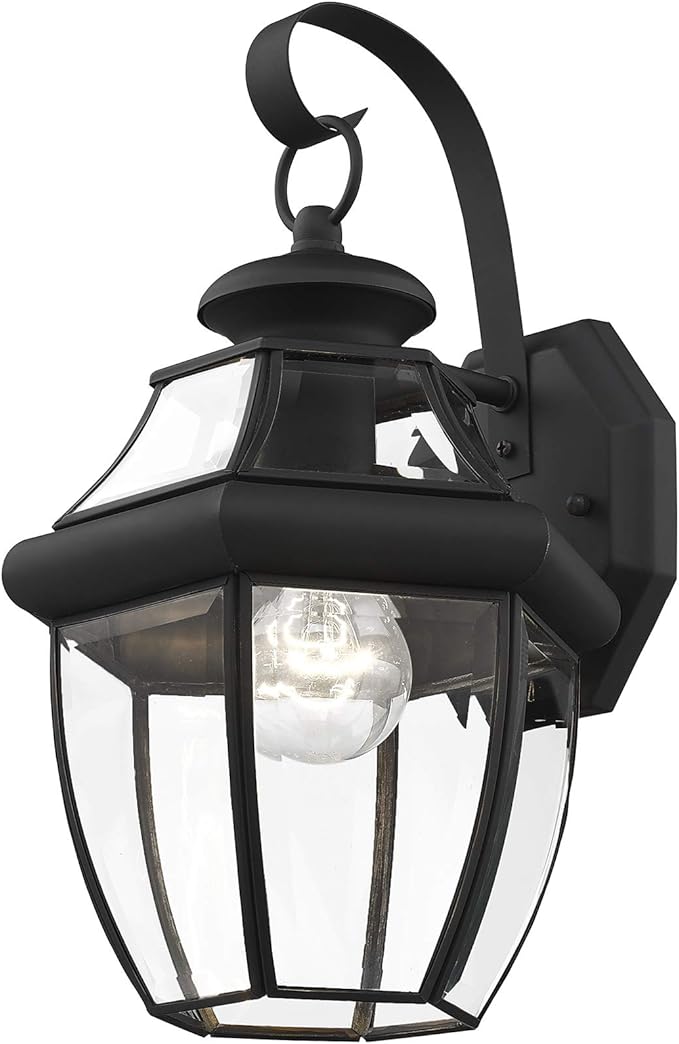 Livex Lighting 2151-04 Monterey 1 Light Outdoor Black Finish Solid Brass Wall Lantern with Clear Beveled Glass, 13" | Lumora
