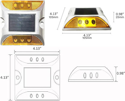 Solar Driveway Ultra Bright Lights Dock Deck Lights Wireless Solar Powered Waterproof Outdoor Warning Step Lights for Driveway Pathway Metal Ground 6 LED Light 3 Each Side Yellow Color (Pack of 2)