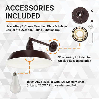 17in. Architectural Bronze Outdoor Gooseneck Barn Light Fixture With 13in. Long Extension Arm - Wall Sconce Farmhouse, Vintage, Antique Style - UL Listed - 9W 900lm A19 LED Bulb (5000K Cool White)