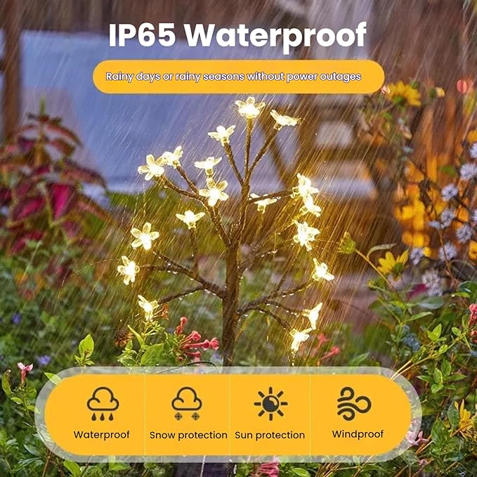 WXZQHF Solar Garden Lights Outdoor, 20 LED Cherry Blossom Lights with Adjustable Stems, Multi-Color Solar Flower for Yard, Lawn, Patio & Pathway (IP65 Waterproof) (Warm White Cherry - 2 Pack)