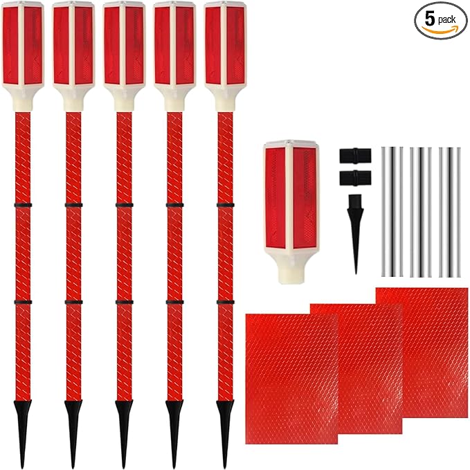 Solar Barricade Lights: 5pcs Outdoor Walkway Warning, Solar Path Lights, Garden Lawn Lights for Driveway Marker with Adjustable Height up to 30 Inches, Red Flashing or Steady Mode