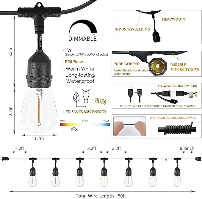 Svater Outdoor String Lights Led 105FT, Commercial Grade Patio Light with 1W Dimmable S14 Shatterproof Bulbs, ETL | Lumora