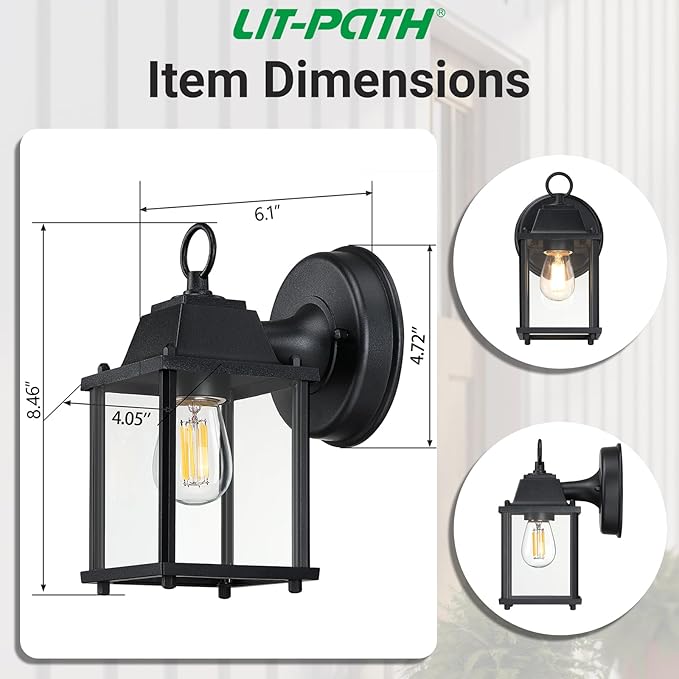 LIT-PaTH Outdoor Wall Lantern, Wall Sconce as Porch Lighting Fixture, E26 Base, Aluminum Housing Plus Glass | Lumora