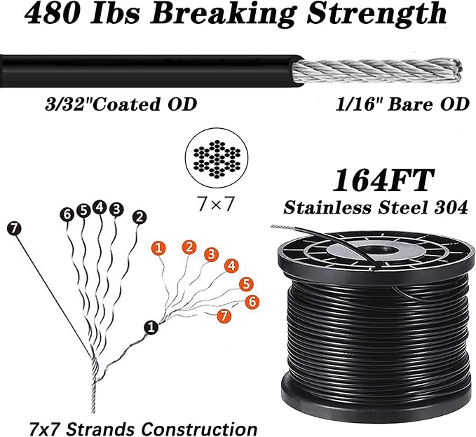 164FT Outdoor String Light Hanging Kit | Black Vinyl-Coated 304 Stainless Steel Wire Rope | Turnbuckles & Hooks | | Lumora