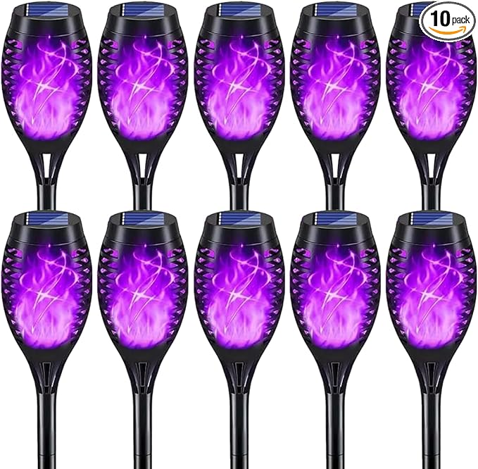 Solar Lights Outdoor Decorations, Upgraded Purple Flickering Flame, Waterproof Halloween Torch Lights, Tiki Torches for Outside Patio Pathway Decor, 6 Pack (10)