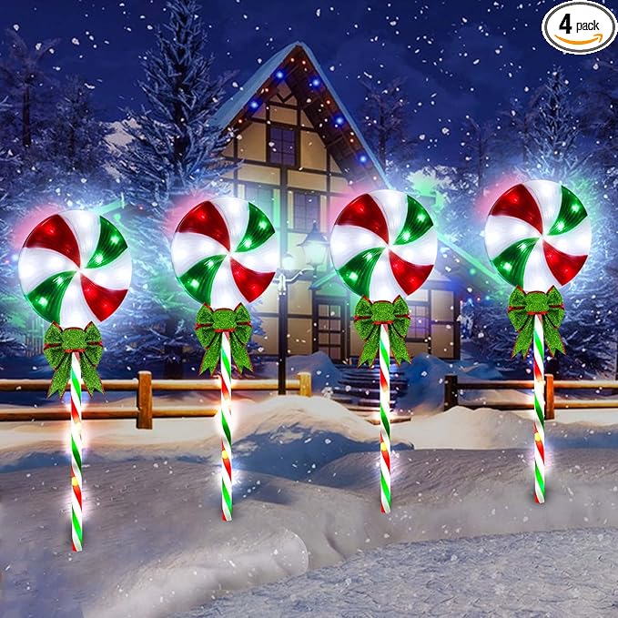 4 Pack 27.5" Lollipop Peppermint Christmas Pathway Lights Outdoor with Bows, Green Red White 80 LED Candy Cane Lights 8 Modes Timer Waterproof, Walkway Markers for Xmas Outsides Garden Yard Decoration