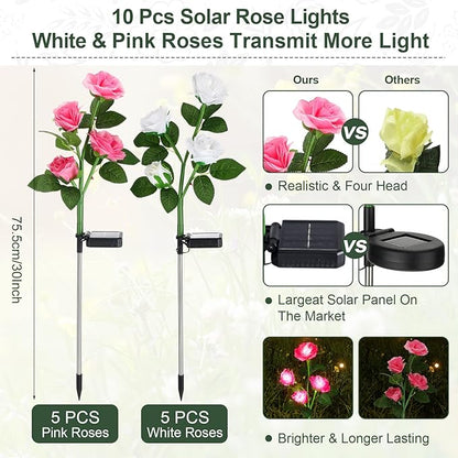 Geelin 10 Pcs Solar Rose Lights Outdoor Waterproof Solar Flower Lights with 40 Rose Flowers 7 Color Changed Decorative Solar Landscape Light for Weeding Garden Yard Patio Pathway Walkway