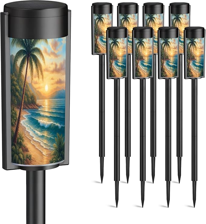 8 Pack Solar Pathway Lights Outdoor Waterproof Seascape Tropical Palm Tree Beach Blue Ocean Sea Wave Scenery Waves Solar Garden Lights LED Landscape Lighting for Yard Walkway Lawn Garden Decor