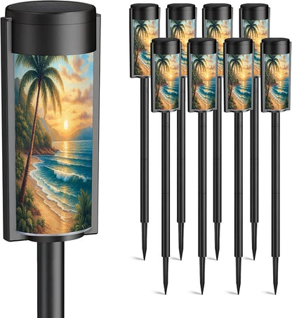 8 Pack Solar Pathway Lights Outdoor Waterproof Seascape Tropical Palm Tree Beach Blue Ocean Sea Wave Scenery Waves Solar Garden Lights LED Landscape Lighting for Yard Walkway Lawn Garden Decor