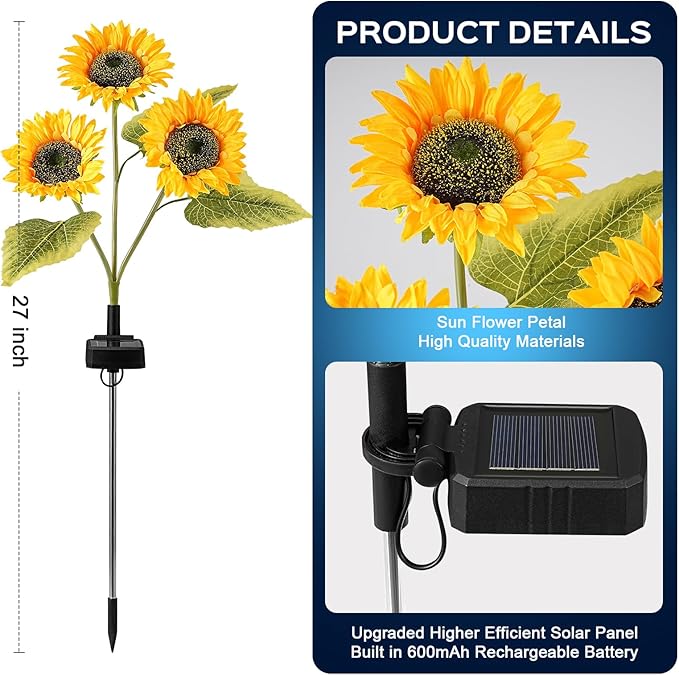 3 Pack Solar Garden Lights Outdoor, 2 Lighting Modes Warm White LED Waterproof Solar Powered Sun Flowers Landscape Light for Outside Yard, Patio, Pathway Decorative, Décor, Gifts