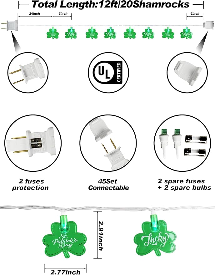 12FT St Patricks Day String Lights - 20 LED Shamrock Lights with St. Patrick's Day & Lucky Printed Text | Lumora