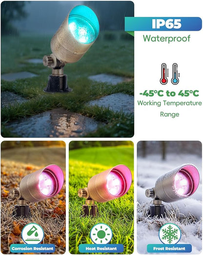 Low Voltage Landscape Lighting, Halloween Spotlight Outdoor, Color Changing Landscape Light, 12V Brass Spot Light with RGBW MR16 LED Bulb,Christmas Outdoor Decorations for Yard Garden Lawn