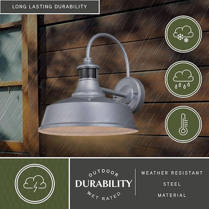 VAXCEL Dorado Outdoor Steel Wall Light with Motion Sensor, 12" W x 12.25" H Rustic Farmhouse Gooseneck Wall Sconce for Porch, Patio, Deck, or Front Door, Silver