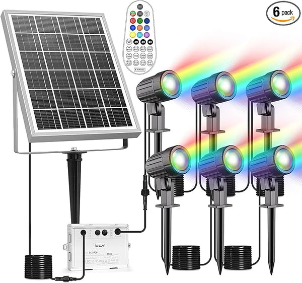 CLY Solar 6 in 1 RGB Spotlights Outdoor Garden, 10 Colors 12 Modes Solar Garden Floodlight Landscape Spotlights | Lumora