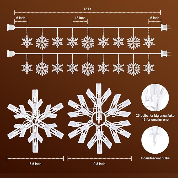 Snowflake Christmas String Lights with 9 Drops - 13ft 150 Mini Bulb Icicle Lights with Hooks, Plug-in Connectable Hanging Lights for Christmas Home Indoor Outdoor Party Wedding Holiday Décor, 2 Pack