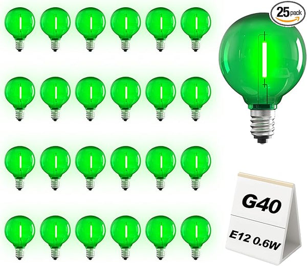 25 Pack Green G40 LED Bulbs, Commercial Grade E12 Base Replacement Bulbs for Outdoor Patio String Lights - 0.6W LED | Lumora