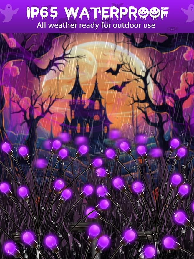 Albelt Halloween Decorations Outdoor, 6 Pack Solar Firefly Lights Outdoor, 48 LED Solar Halloween Lights, Waterproof Swaying Garden Light (Sway by Wind) for Outside Yard Pathway Decor (Purple)