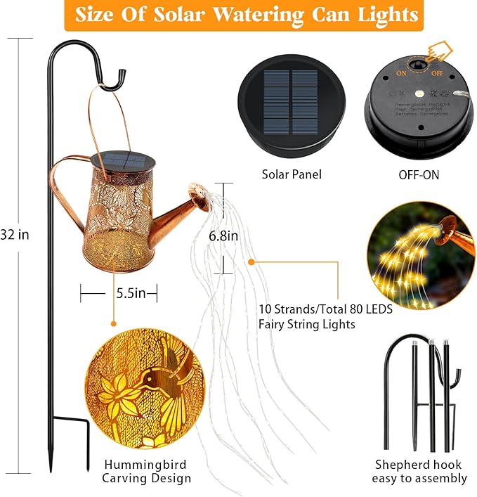 2 Pack Solar Watering Can Lights, Hummingbird Gifts for Women Mom Grandma Birthday, Waterproof Outdoor Garden Decor | Lumora