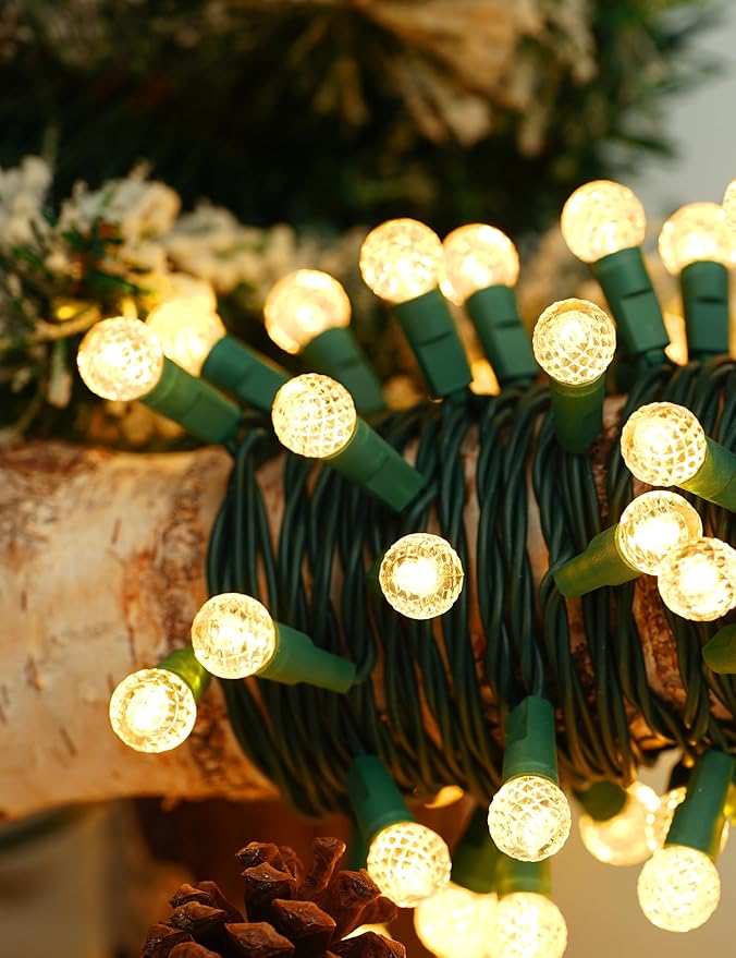 BOHON Warm White Christmas Lights 17FT 50 LED Faceted G15 Globe String Lights Outdoor Plug in Commercial Lighting Grade Tree Decorations for Indoor Xmas Decor, Green Wire, Waterproof