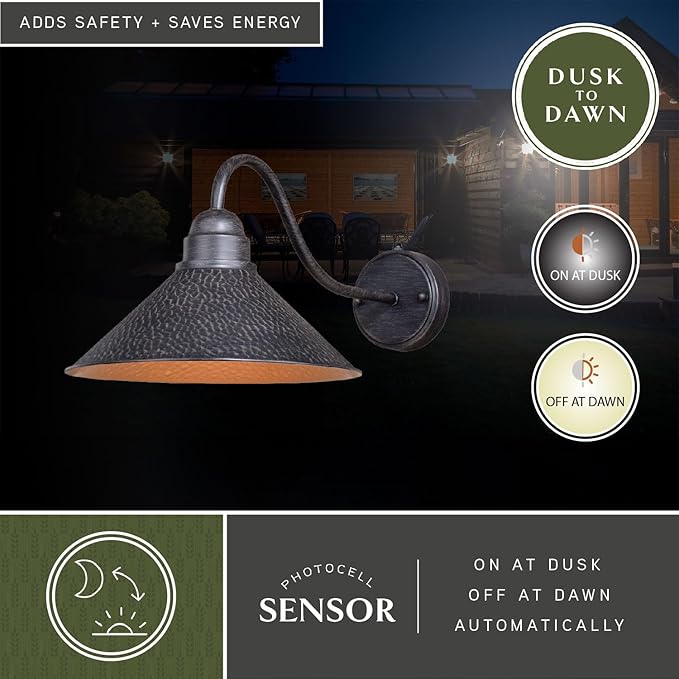 VAXCEL Outland 9.5 in. H 1-Light Aged Iron and Light Gold Dusk to Dawn Sensor Farmhouse Outdoor Wall Sconce, Gooseneck Metal Shade, Dark Sky Compliant for Exterior Porch Patio Front Door or Garage