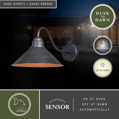 VAXCEL Outland 9.5 in. H 1-Light Aged Iron and Light Gold Dusk to Dawn Sensor Farmhouse Outdoor Wall Sconce, Gooseneck Metal Shade, Dark Sky Compliant for Exterior Porch Patio Front Door or Garage