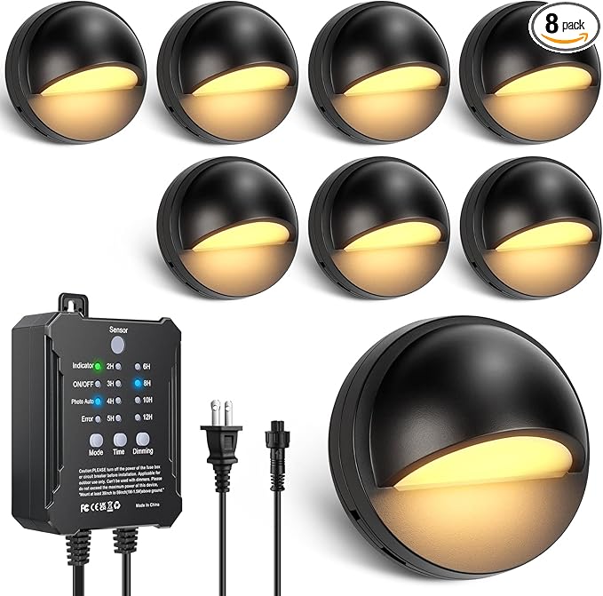 8 Pack Low Voltage LED Deck Lights Kit with Plug-in Transformer, Dusk-to-Dawn Photocell Sensor and Timer, IP67 Waterproof 3000K Outdoor Step Stair Lights for Deck, Patio, Fence and Landscape Lighting