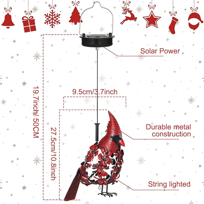 Cardinal Solar Lights Hanging Decoration Garden Outdoor Decor Metal Gifts Waterproof for Yard Front Porch Lawn Driveway Patio Backyard Pathway Gardening Lanterns Gift
