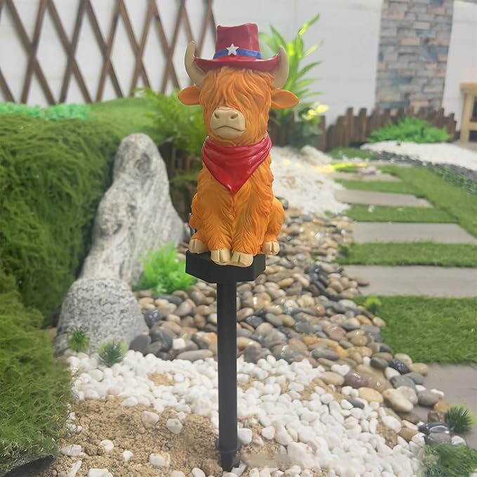 2pcs Highland Cow Solar Garden Lights, Outdoor, Small, Red, Rustic, Waterproof, LED, Path, Flush Mount, Touch Control, 2 Count