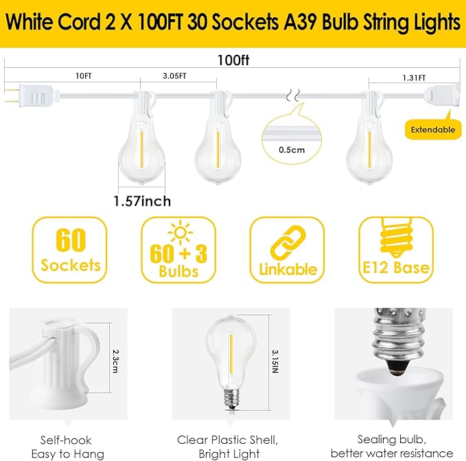 200FT(2x100FT) Outdoor String Lights, LED Patio Lights with 63 Waterproof Shatterproof A39 Dimmable Bulbs(3 Spare) | Lumora