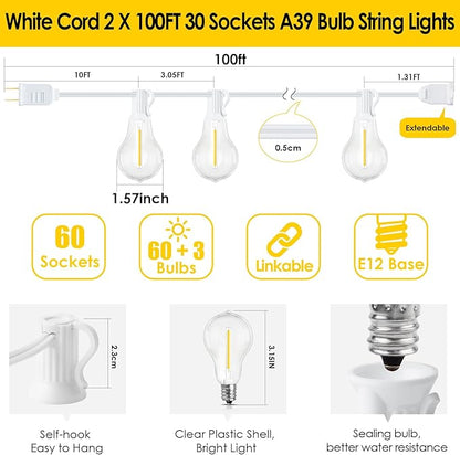 200FT(2x100FT) Outdoor String Lights, LED Patio Lights with 63 Waterproof Shatterproof A39 Dimmable Bulbs(3 Spare) for Deck Yard-2 Pack White