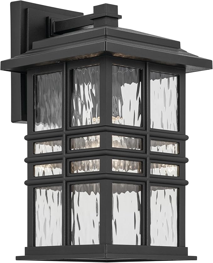 Kichler Beacon Square 14.25" 1-Light Outdoor Wall Light with Clear Hammered Glass in Textured Black, for Exterior | Lumora