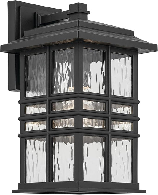 Kichler Beacon Square 14.25" 1-Light Outdoor Wall Light with Clear Hammered Glass in Textured Black, for Exterior Doors, Garage, Porch, or Patio (14.25" x 8"), 49830BKT
