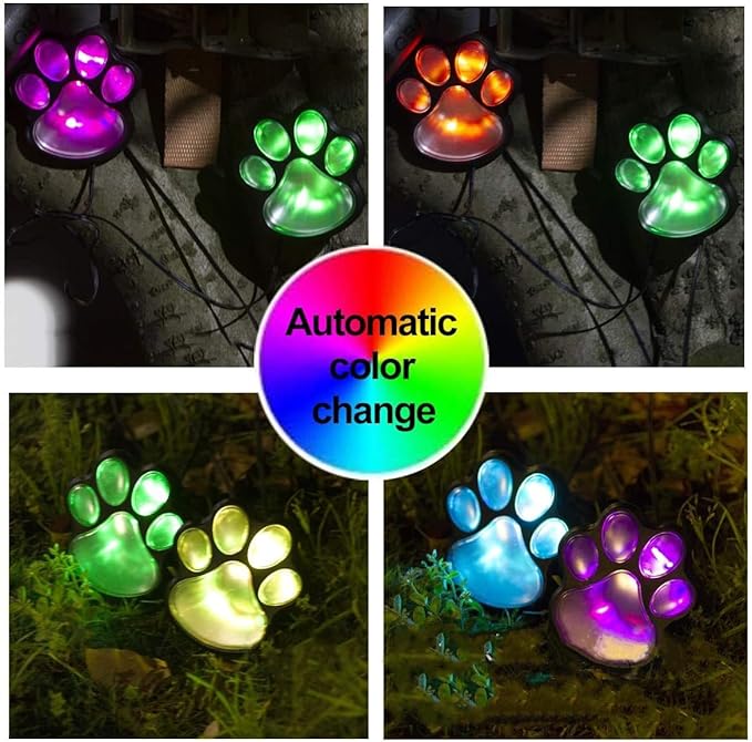 4 Solar Dog Animal Paw Print Lights Garden Statue Lantern Led Path 3" Light Lamp for Pathway,Lawn,Yard,Outdoor Decorations (Colorful)