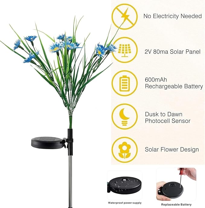Solar Flower Lights Outdoor, Waterproof LED Daisy Flowers Solar Stake Decorative In-Ground Lights 2Mode for Garden Landscape Yard Pathway Wedding Party (Blue, 1Pack)