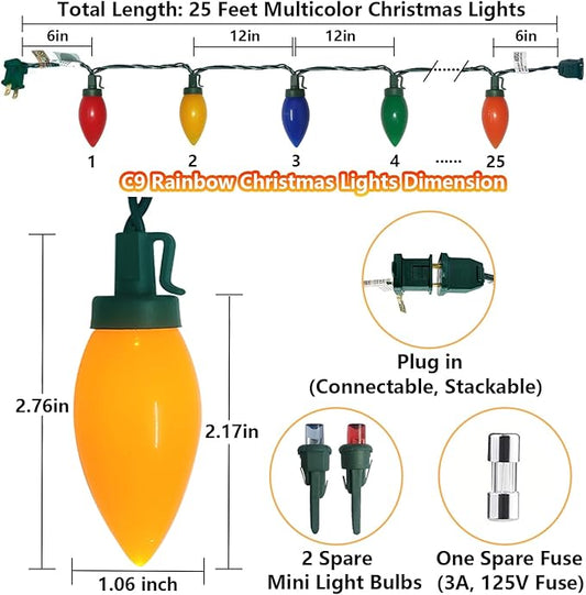 25Ft Christmas Lights Outdoor, C9 Multicolor String Light with 25 LED Shatterproof Colored Light Bulbs, Plug in Vintage Christmas Lights for Porch Wedding Party Easter Xmas Tree Decor