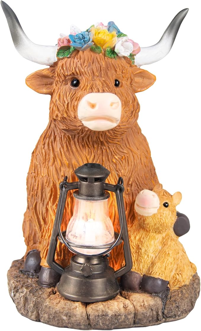 Highland Cow Solar Lights, Solar Powered Statues for Garden,Outside Decor with Latern for Yard Birthday Easter Gifts for Grandma Mom Women Funny Decorations for Yard and Patio Gifts