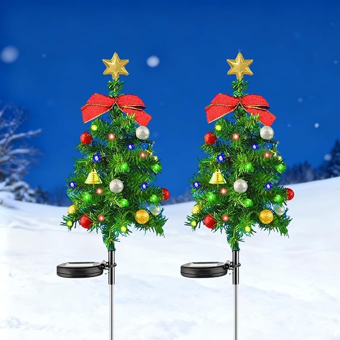 Solar Christmas Tree Lights Holiday Decorations, 29.5" Christmas Lights Outdoor Waterproof with 20 LED, Pathway Christmas Lights for Courtyards, Gardens, Lawns, Small Path Lights (Style-B, 2 Item)