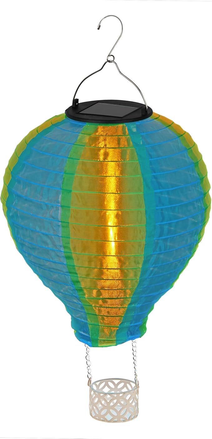 Alpine Corporation QLP1566SLR-YLBL Solar-Powered Cloth Hot Air Balloon with Flame LED Lights, LED Solar Décor, 13" H, Yellow