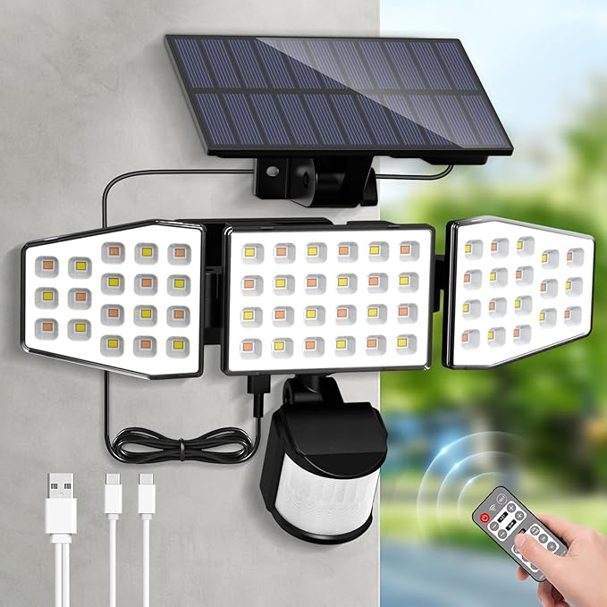 ALUSSO Solar Lights Outdoor with Motion Sensor, 3000-6500K CCT Dimmable 3 Heads Security Light with Remote Control, IP54 Waterproof 3 Modes Flood Lights for Garden Yard Garage
