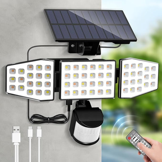 ALUSSO Solar Lights Outdoor with Motion Sensor, 3000-6500K CCT Dimmable 3 Heads Security Light with Remote Control, IP54 Waterproof 3 Modes Flood Lights for Garden Yard Garage