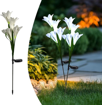 Outdoor Solar Lights, 2 Pack Solar Garden Lights with Lily Flowers, Waterproof Garden Light Outdoor - Yard Decorations for Patio Yard Decoration (White)