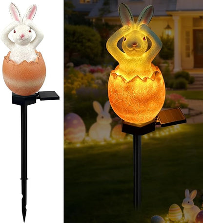 Solar Easter Egg Bunny Lights Outdoor, Waterproof Easter Solar Lights Rabbit Bunny Garden Statue Easters Yard Egg Decorations Outdoor for Outside Cemetery Grave (Orange Don't Hear)
