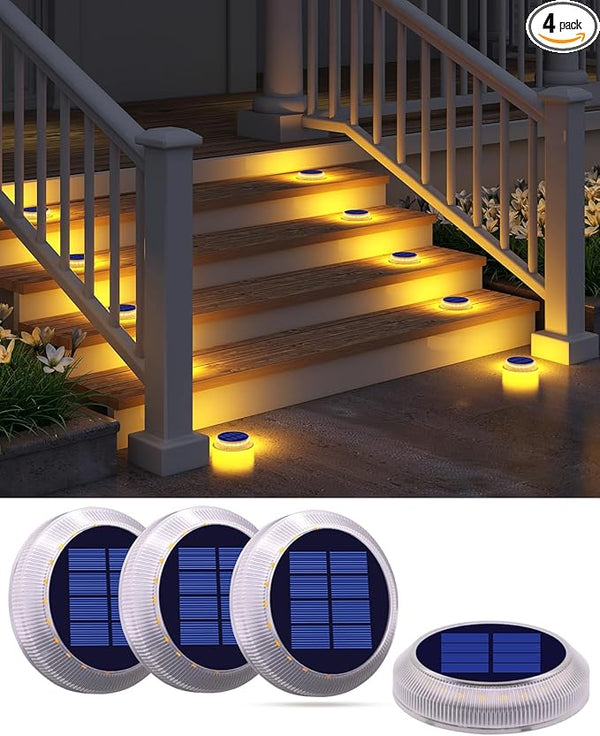 Solar Step Lights Outdoor Waterproof, 4 Pack Warm White Flat Lights Solar Powered for Outside Stair, Deck, Dock | Lumora