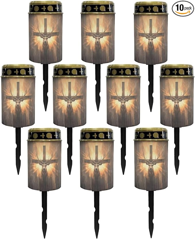 Poceacles 10 PCS Cross Outdoor Solar Lights Solar Garden Lights Cemetery Solar Lights Water Resistant Pillar Candle Solar Garden Stake Lights for Cemetery Grave Decorations, Deer Cross Wood Grain