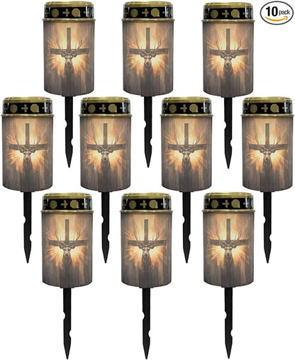 Poceacles 10 PCS Cross Outdoor Solar Lights Solar Garden Lights Cemetery Solar Lights Water Resistant Pillar Candle Solar Garden Stake Lights for Cemetery Grave Decorations, Deer Cross Wood Grain