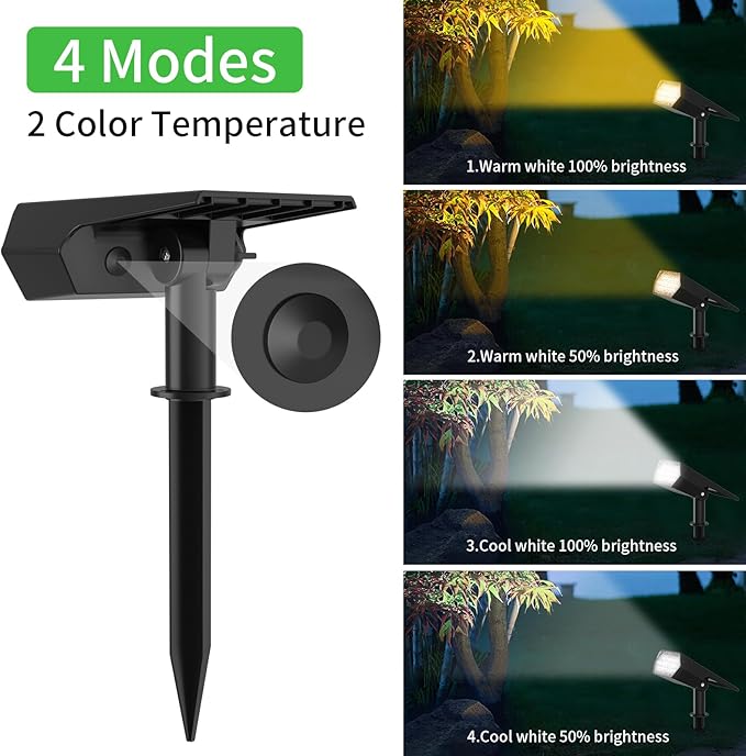 I-SHUNFA Solar Spot Lights Outdoor 2Pack,4 Lighting Modes,Cool White and Warm White 2 Colors Adjustable Solar Light,Auto On/Off Solar Powered Landscape Light for Yard Wall Pathway