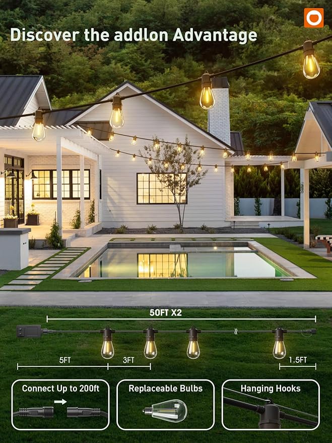 addlon 100FT G40 Outdoor String Lights with Remote and 100FT S14 Outdoor String Lights with Remote